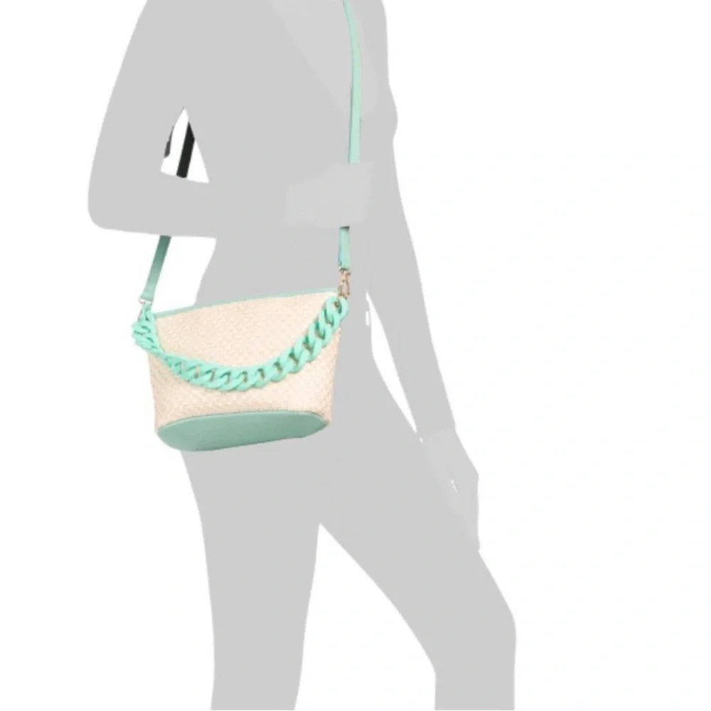 STELLA BIANCA Aqua Raffia Chain Crossbody Bag With Leather Trim Made In … - Picture 10 of 11